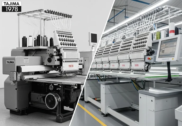 A side-by-side comparison of a vintage 1978 Tajima embroidery machine and a modern, high-speed, multi-head computerized embroidery machine.