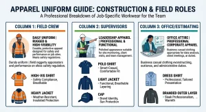 A chart showing three tiers of employees: Tier 1 (Field/Trade), Tier 2 (Supervisors), and Tier 3 (Office), each with different uniform requirements.
